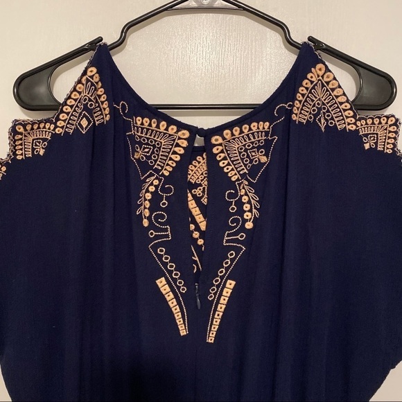 Alya Romper Navy Blue With Cream Embroidery Cold Shoulder Sleeve Short - Picture 6 of 9